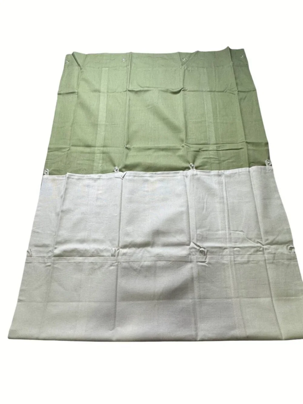 Pair of New PB Teen Fold Up Drapes Olive Green Beige 32x63 each Pottery Barn
